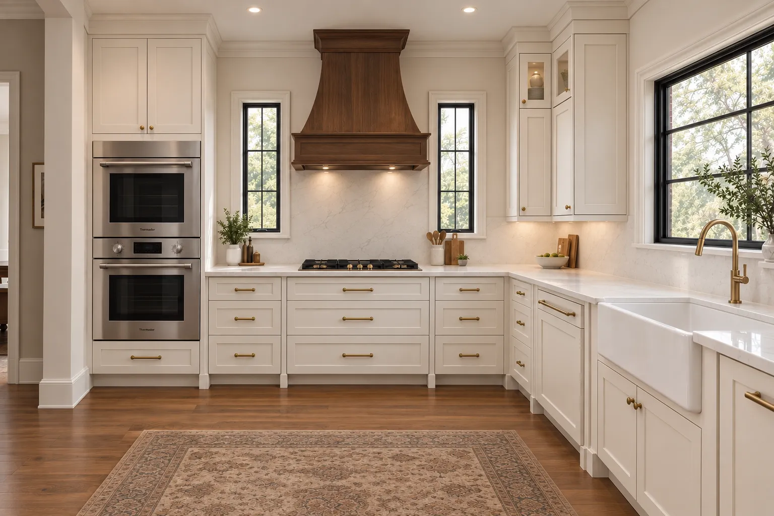 Cream shaker cabinetry, a walnut hood and unlacquered brass. Twin windows flank the range.
