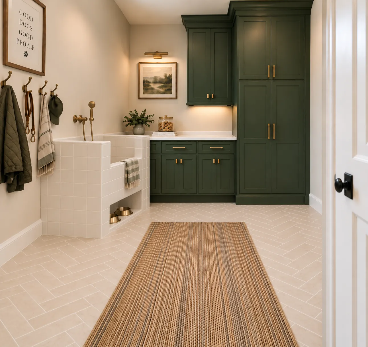 Forest-green cabinetry, herringbone tile and a tiled dog wash by the service entry.