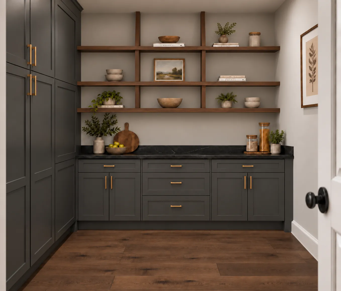A walk-in pantry off the kitchen, with open shelving and a second worktop.