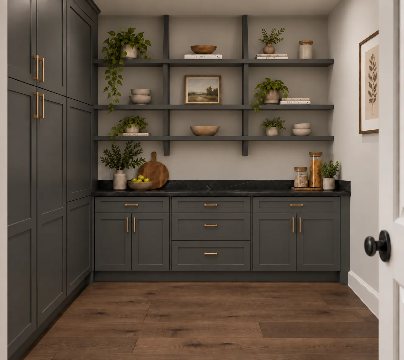 The pantry from the kitchen side, looking toward the service entry.