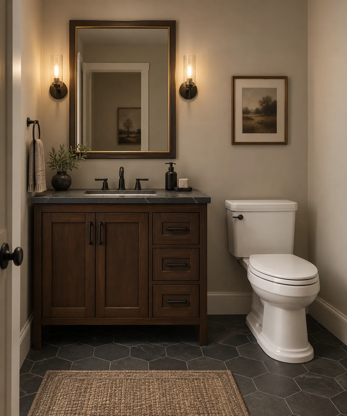 The owner bath. Stone, brass and a soaking tub under the window.