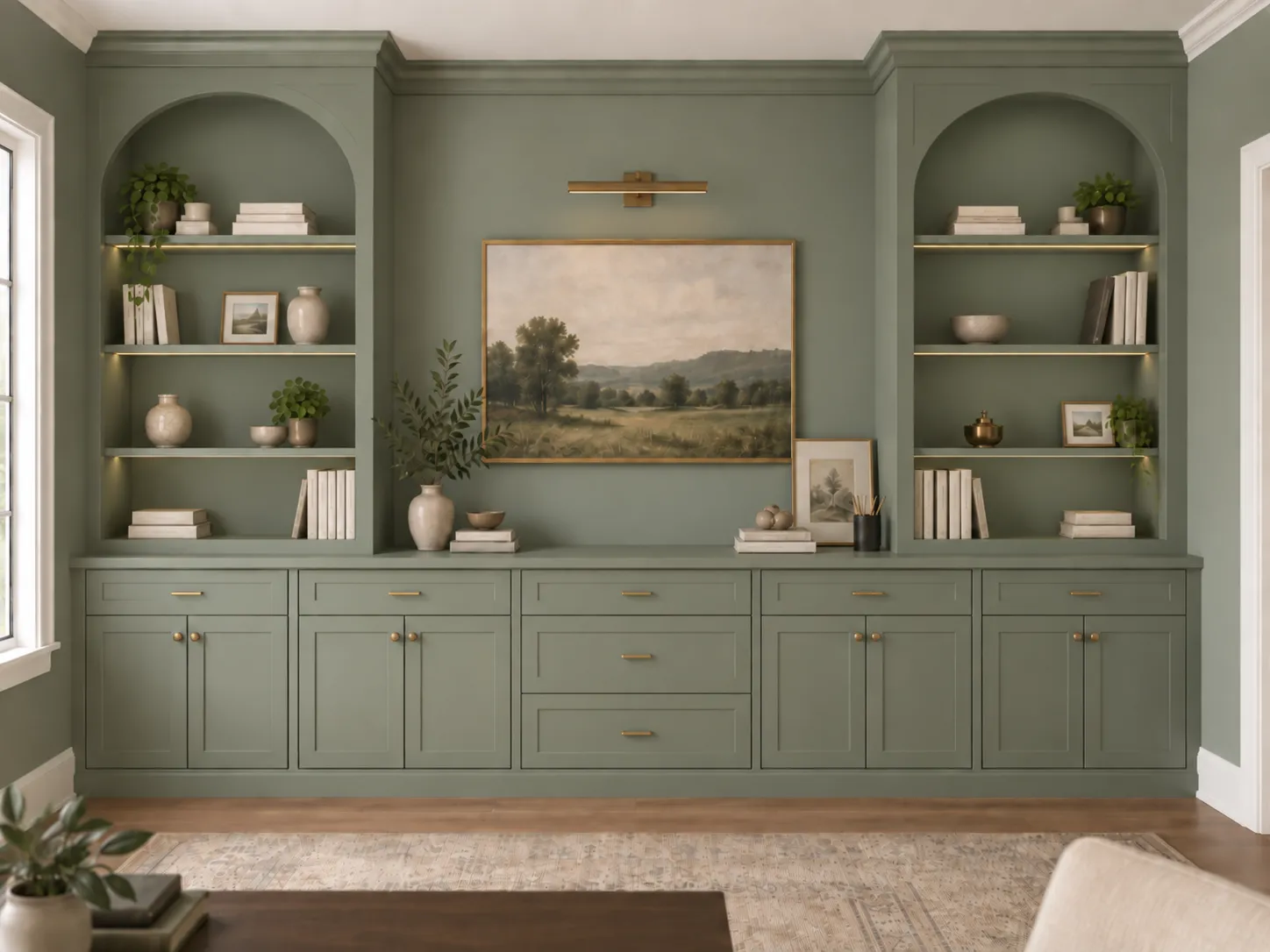 Sage built-ins with arched niches, lit shelves and a single landscape.